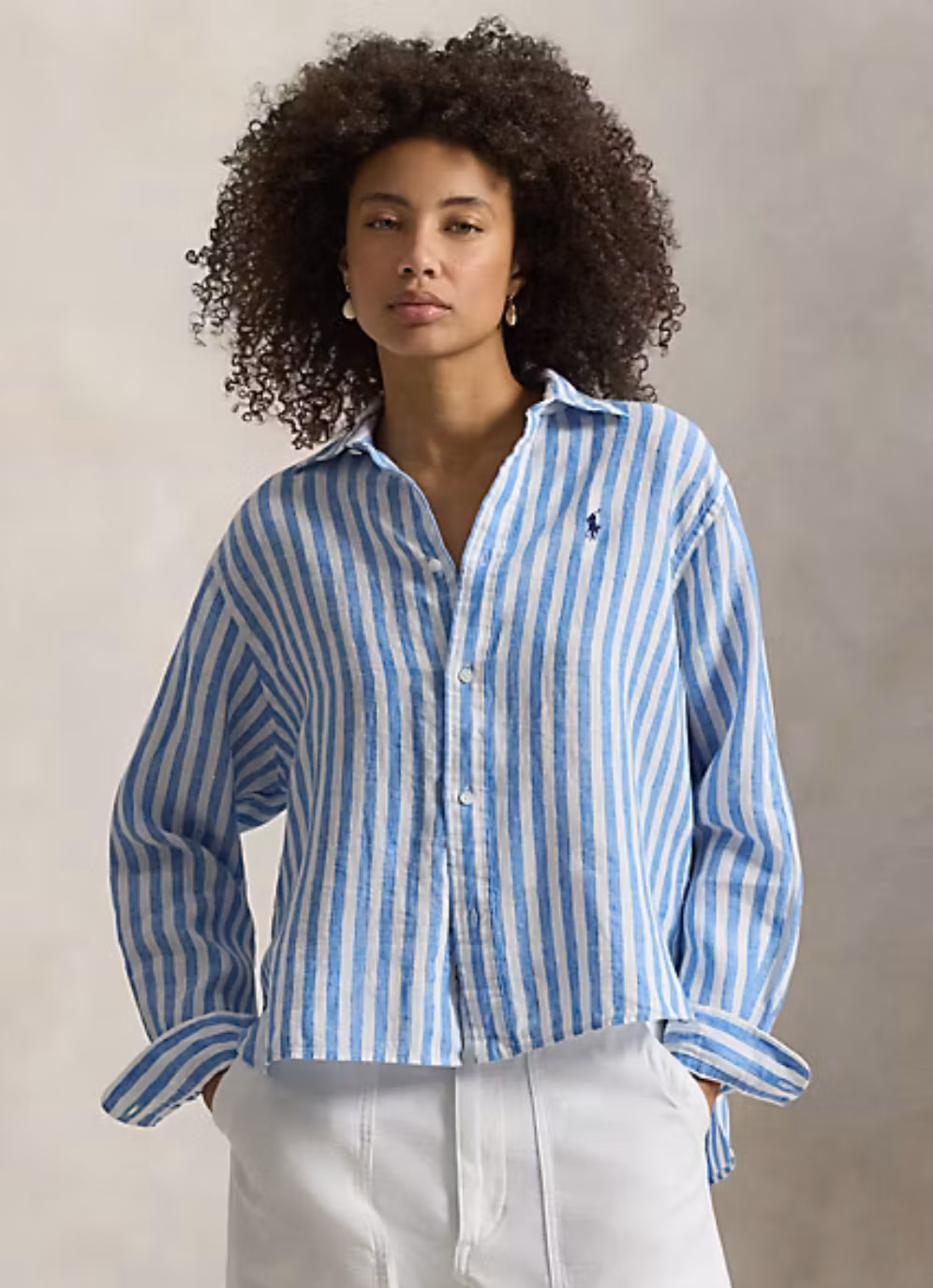 Polo Ralph Lauren - Wide Cropped Striped Linen Shirt - Blue & White