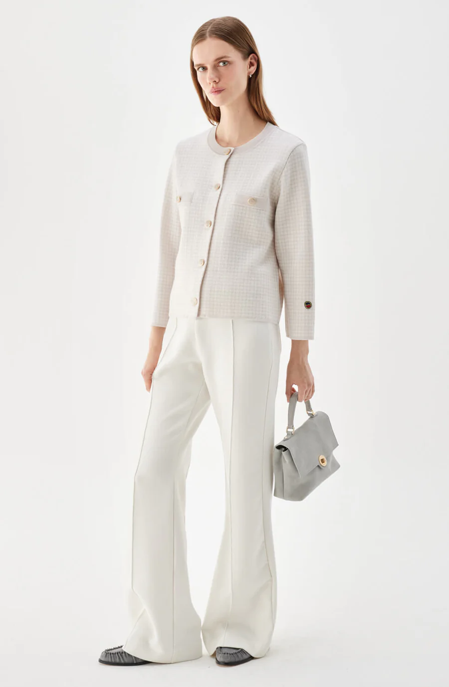 Busnel - ELLE - KORT RUTIG STICKAD JACKA I ULL - LJUSROSA