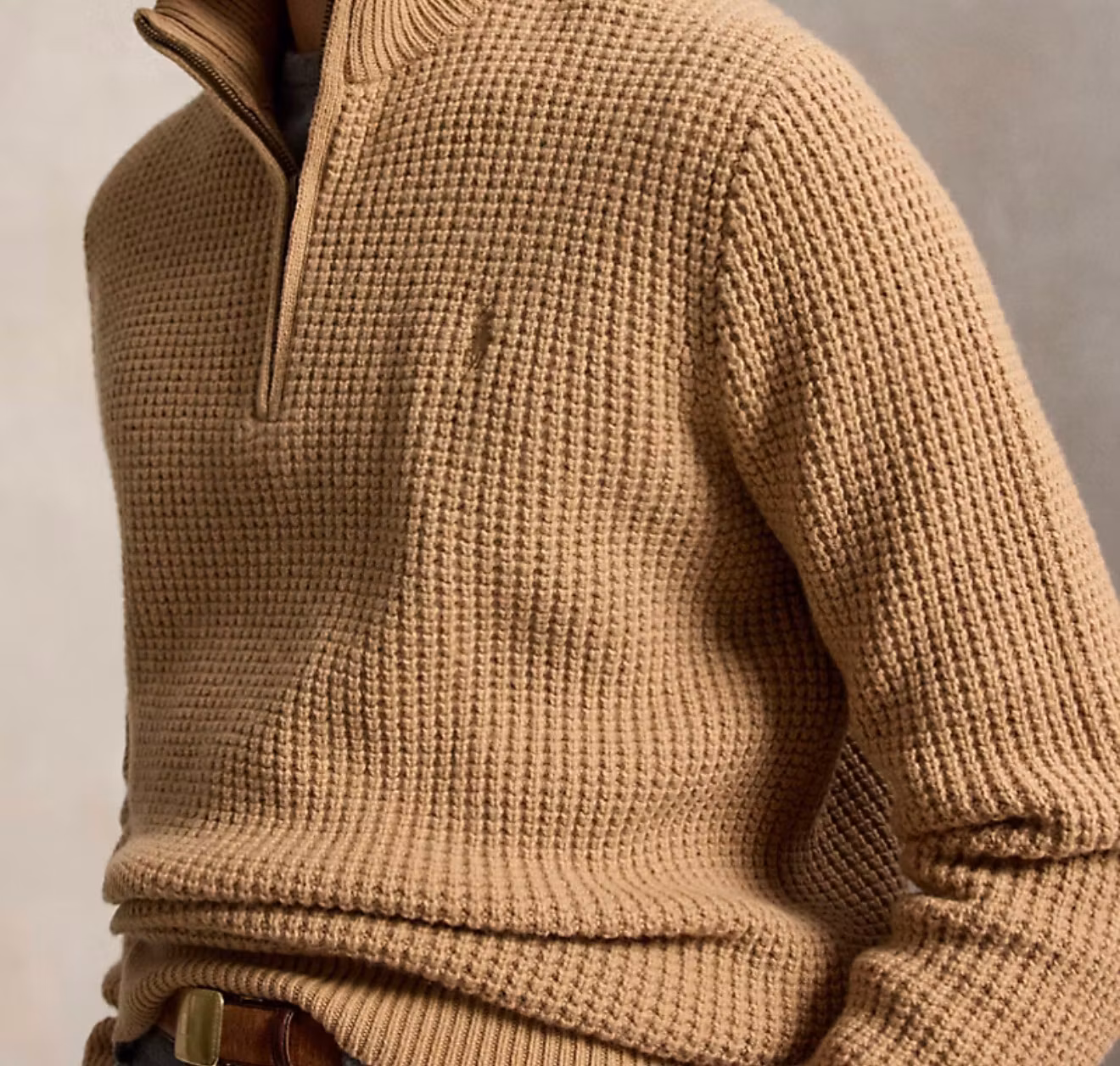 Polo Ralph Lauren - Våffelstickad tröja i ull och bomull - New Camel Melange