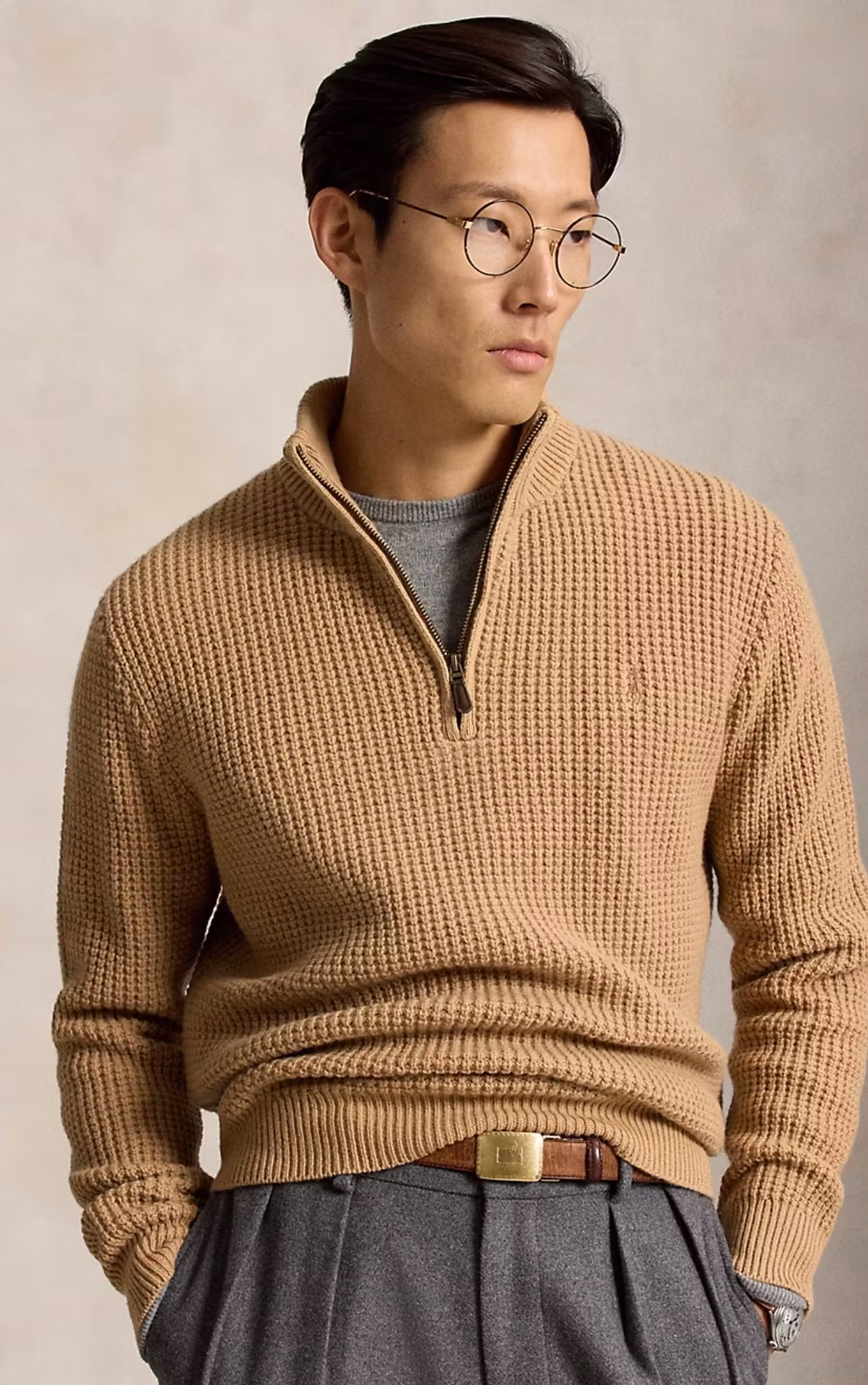 Polo Ralph Lauren - Våffelstickad tröja i ull och bomull - New Camel Melange