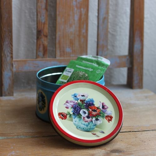 Plåtburk - Blå med Blommor