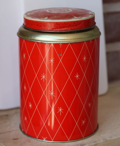 Plåtburk - Kaffeburk Röd Guld Rutig med Motiv