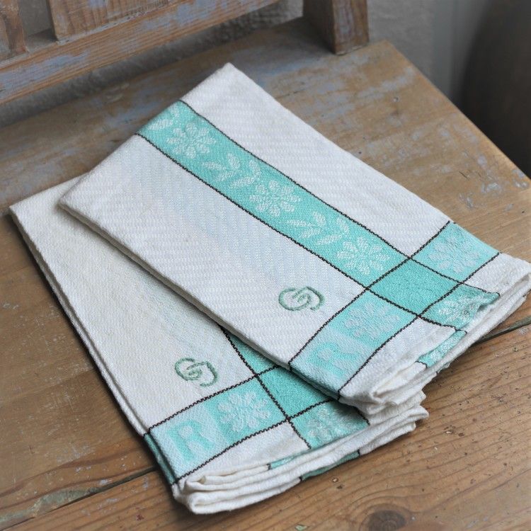 Handduk - Linne Monogram GJ Turkos