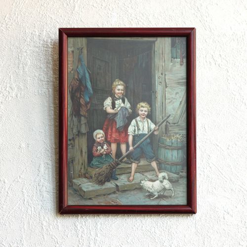 Tavla - Barn med katter och hund