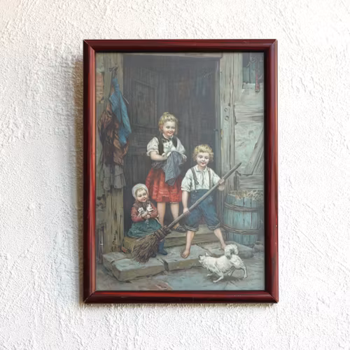 Tavla - Barn med katter och hund