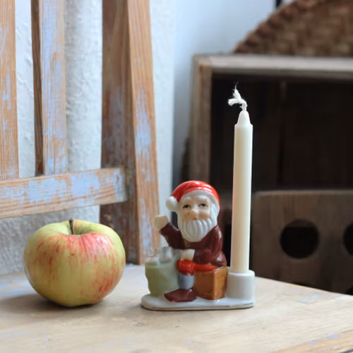 Tomte - Porslinstomte Ljusstake vinkande Nisse med Paketsäck