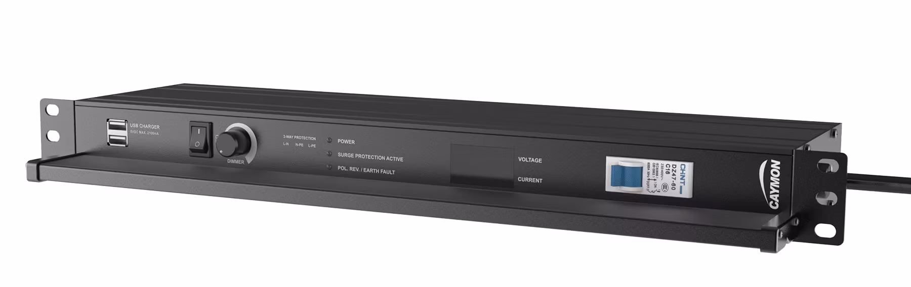 Caymon PSR529G/B 19 tum strömlist med display, On/Off-switch och USB-laddare på fronten
