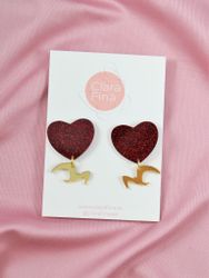 Love birds rött glitterhjärta med guldfågel