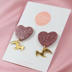 Love birds rosa glitterhjärta med guldfågel