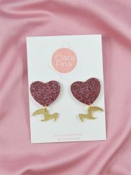 Love birds rosa glitterhjärta med guldfågel