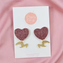 Love birds rosa glitterhjärta med guldfågel