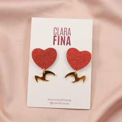 SAMPLE Love birds rött glitterhjärta med guldfågel
