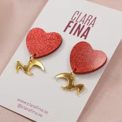 SAMPLE Love birds rött glitterhjärta med guldfågel