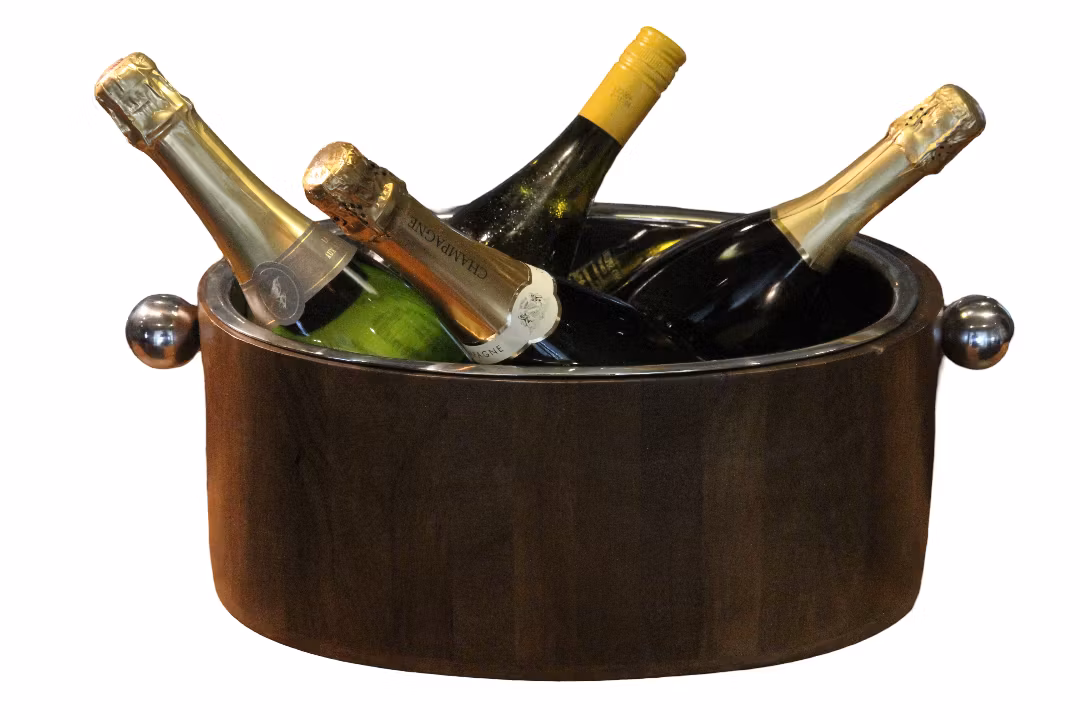 Champagne och vinkylare i ädelträ och rostfritt stål, oval, längd 42 cm, bred 22 cm, höjd 18 cm