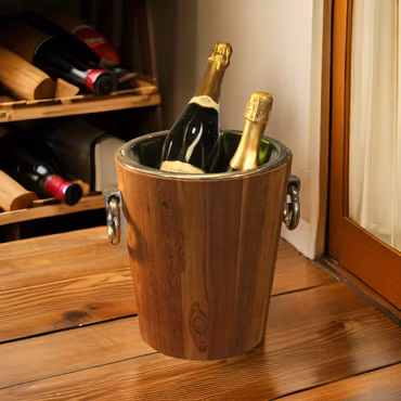 Mr Fredrik champagne- och vinkylare i teak och rostfritt stål höjd 29 cm och 28 cm i diameter