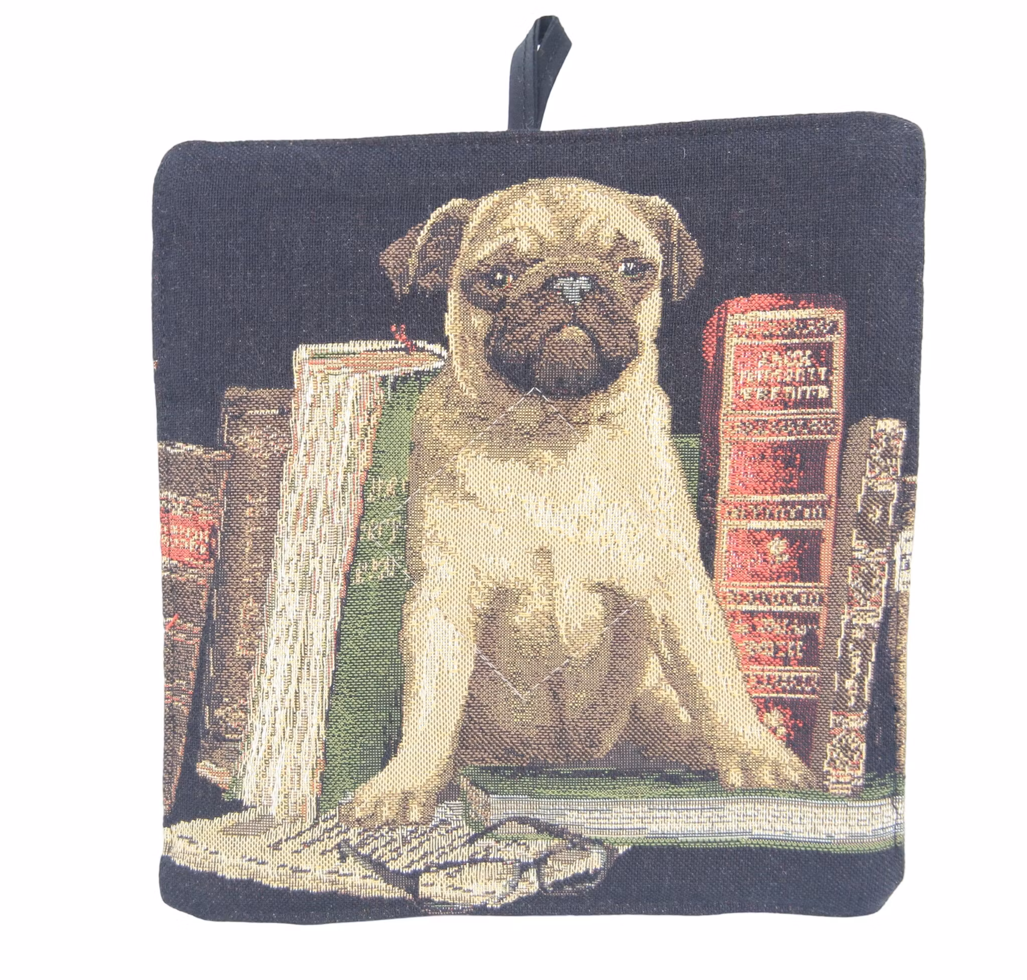 Grytlapp med mops i jacquardtyg