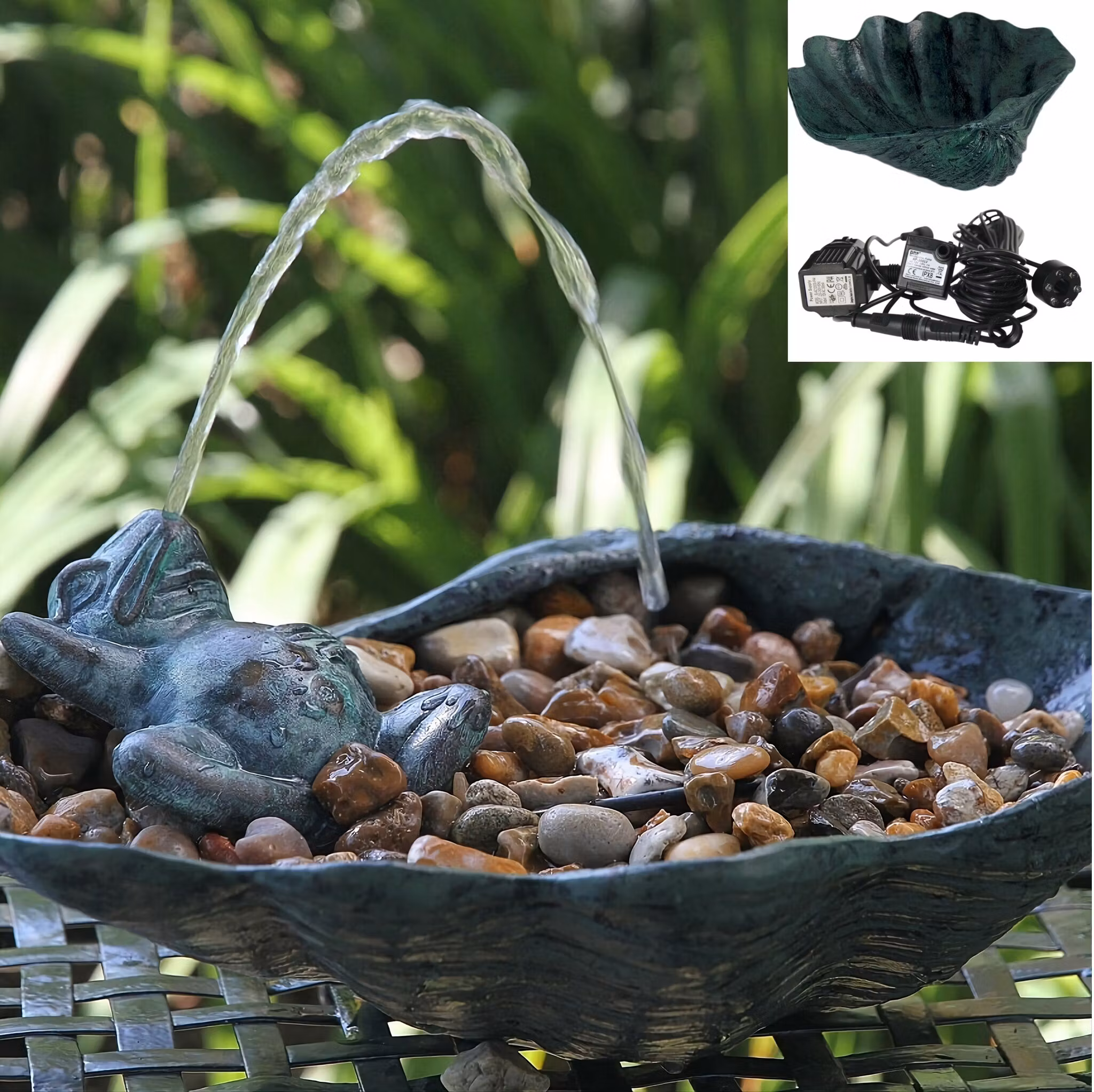 Mr Fredrik fountain package with fountain frog in bronze, 12 cm incl. barrel, pump with light, hose, incl. shipping