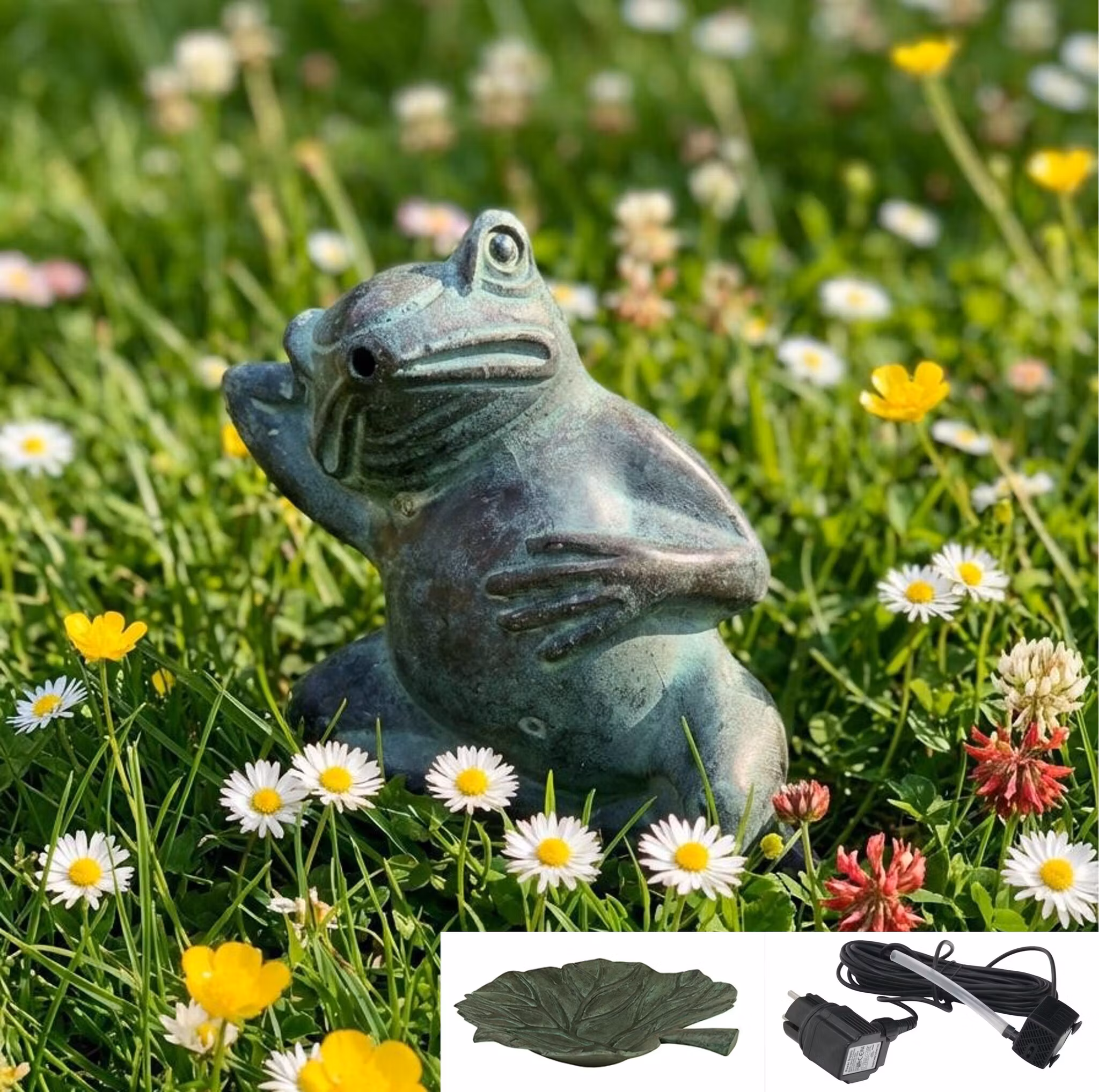 Brunnenpaket Frosch 12 cm in Bronze (FON0085) + Pumpe mit Schlauch (PUM0252) + Fass in Blattform (FAT0001) + Versand
