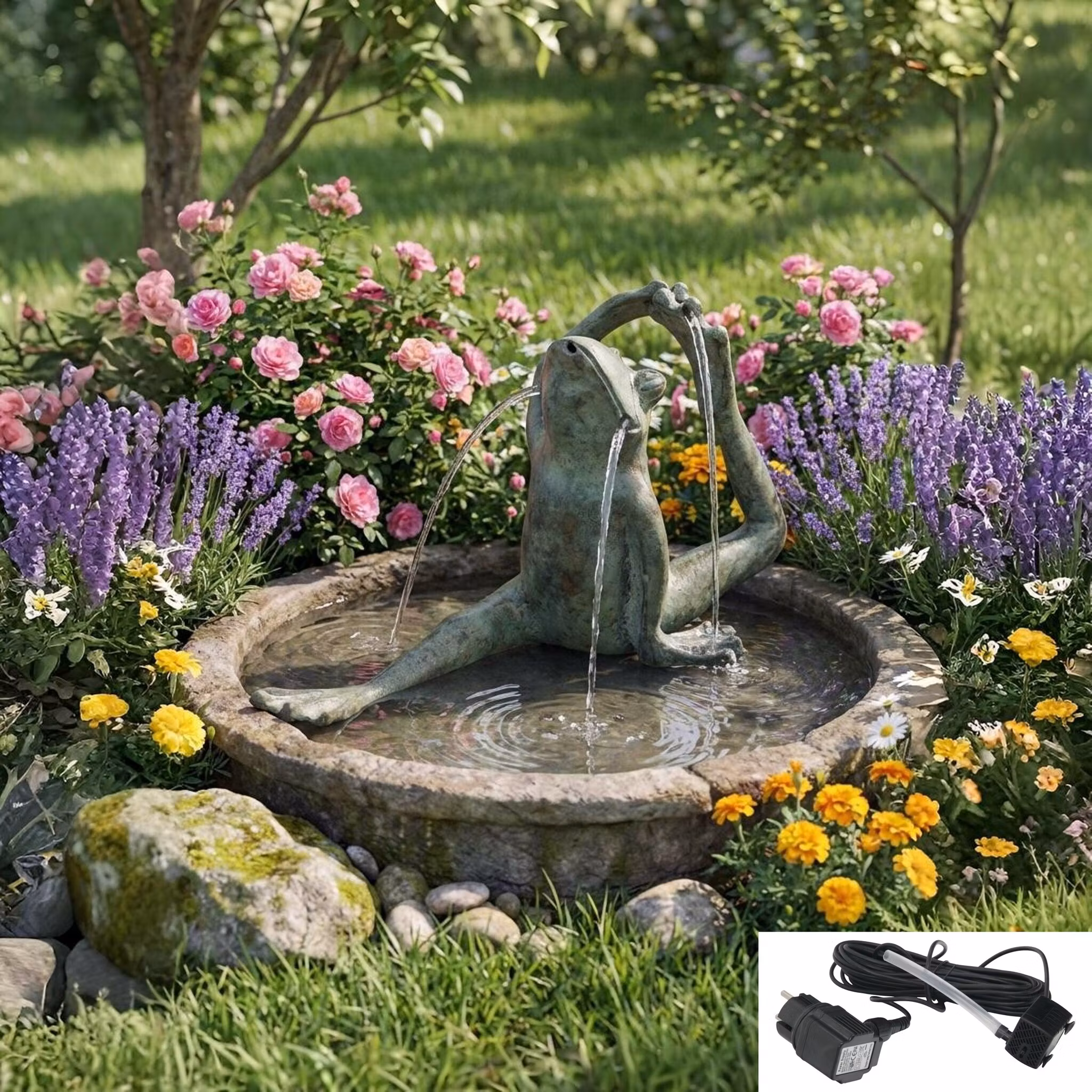 Fountain, frog sitting, h 11cm (FON0096), pump (PUM0252), hose, shipping