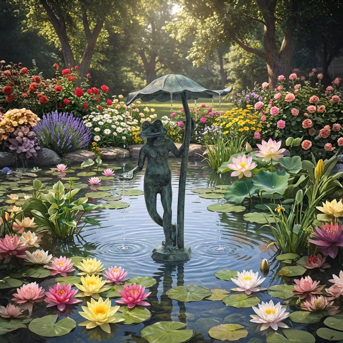 Frog under water lily leaf, 43 cm., Matt green