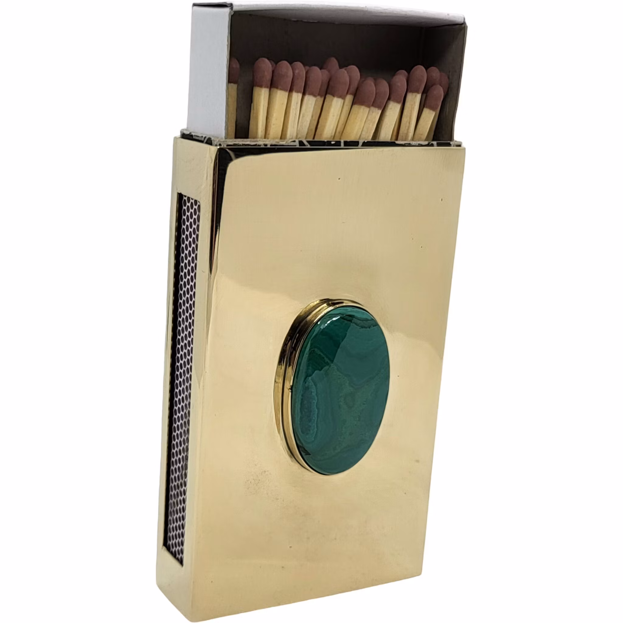 Matchbox larger in polished brass with green malachite stone