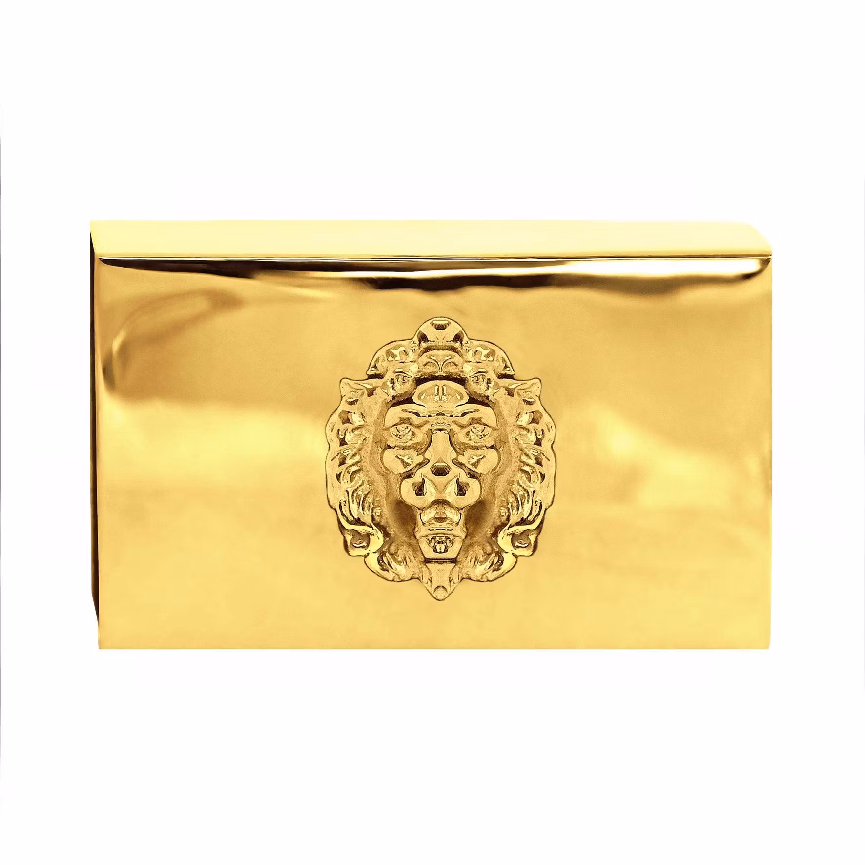 Matchbox in polished brass with lion mascaron