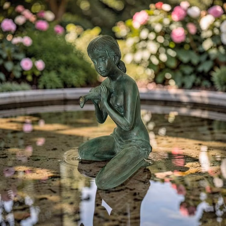Mr Fredrik, fontän, kvinna knäböjande med urna, gjord i brons