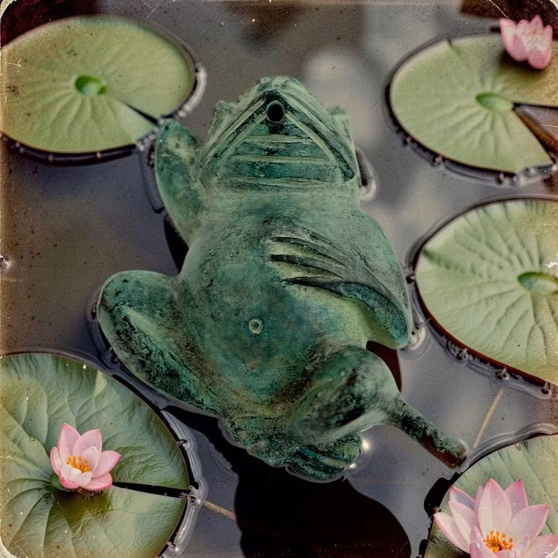Fountain, frog, in bronze, 26 cm, lying on its back, green