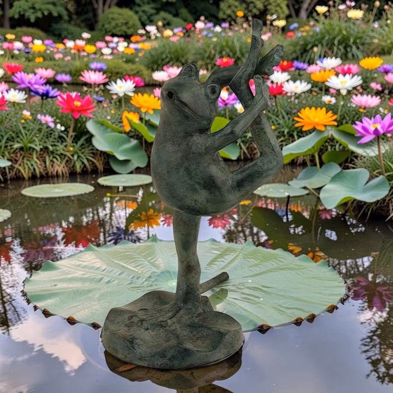 Brunnen, Frosch aus Bronze, stehend, Höhe 21 cm, Hinterbein gebeugt, von Mr Fredrik