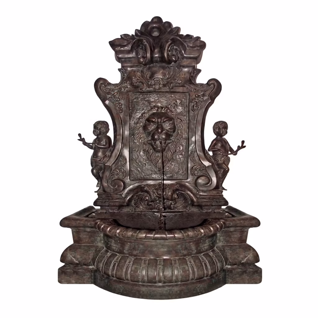 Mr Fredrik, fontän, vägg, med lejon och keruber, gjord i brons