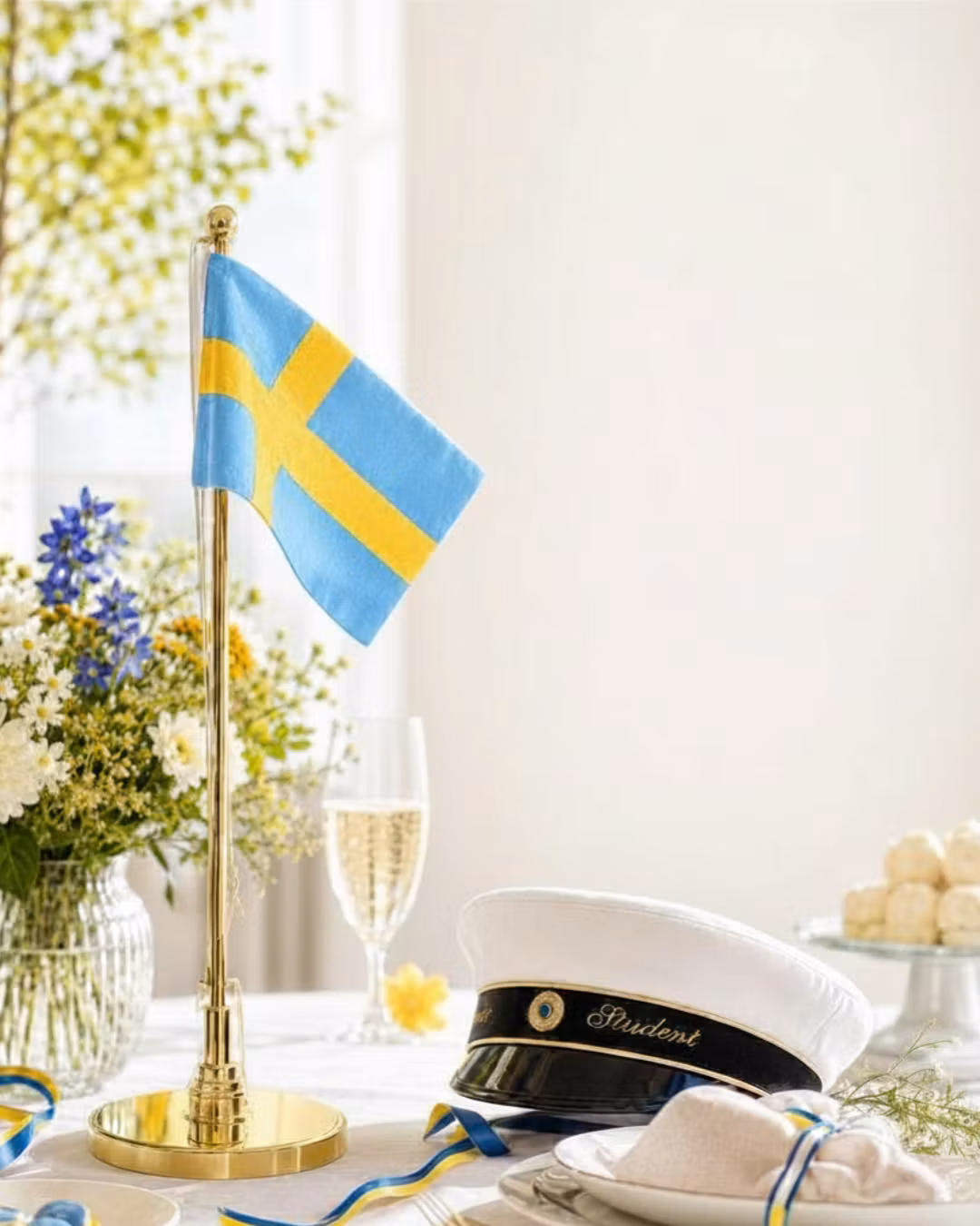 Tischfahnenmast mit der schwedischen Flagge von Gusums Messing. HINWEIS: DIE FLAGGE WIRD IM NOVEMBER ERHÄLTLICH SEIN.
