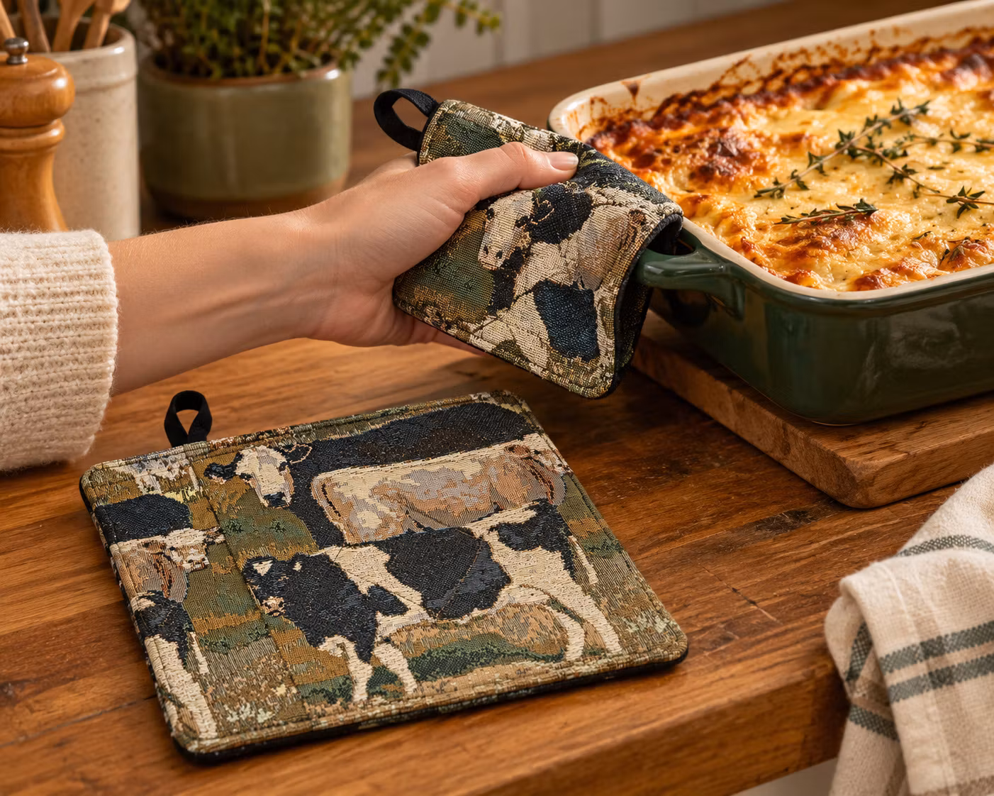 Topflappen paarweise mit Kühen aus Jacquardstoff - PAAR