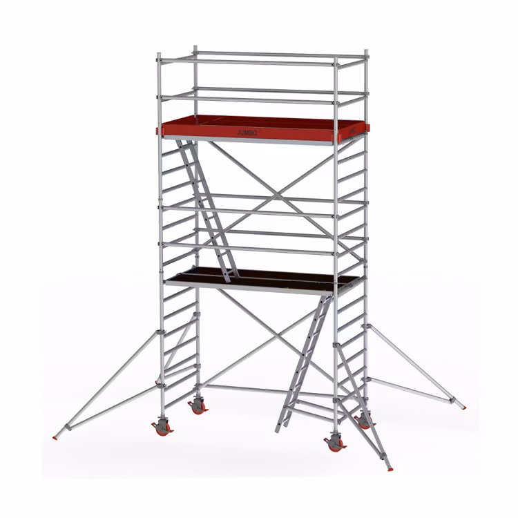 Produktbild på bred rullställning från Jumbo Pro med totalhöjd på 520 cm, trappa, större hjul och fotlister, artikelnr 9900-04.