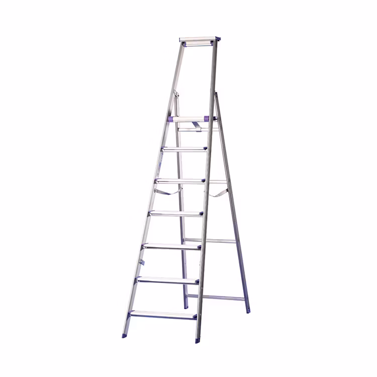 Produktbild på trappstege Pro Classic i aluminium från Jumbo, med blå detaljer, sex steg, plattform, säkerhetsbygel och verktygshylla, artnr TSE107.