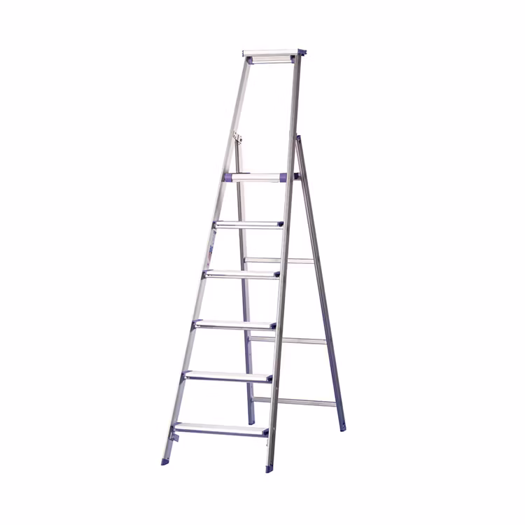 Produktbild på trappstege Pro Classic i aluminium från Jumbo, med blå detaljer, fem steg, plattform, säkerhetsbygel och verktygshylla, artnr TSE106.