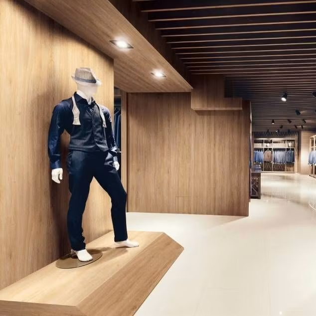 Dekorplast Trä AL14 - Traditionell ek applicerad på en väggyta i en butik inomhus, som visar en realistisk och stilren träfinish.