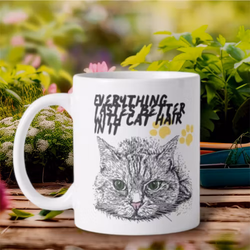 Personlig Mugg med text  Everything tastes better with cat hair in it