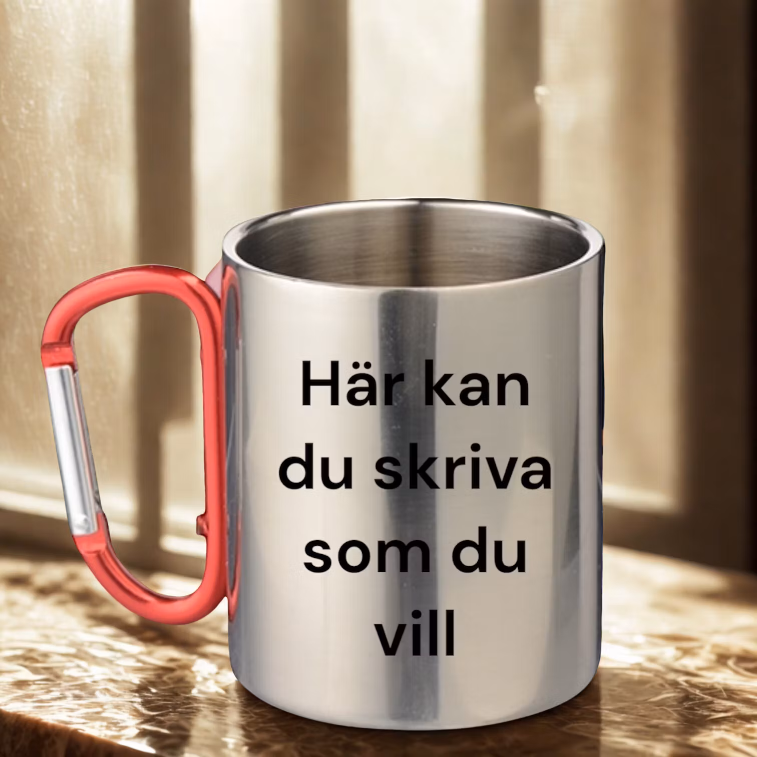 Personlig mugg - rostfritt stål/röd karbinhake