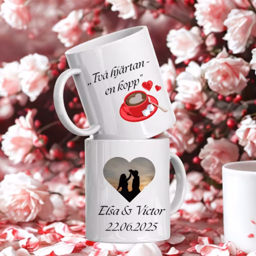 Personlig mugg - Två hjärtan -en kopp med namn och foto