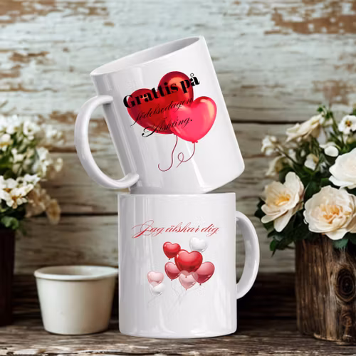 Grattis på födelsedagen, älskling – mugg med hjärtballonger och texten “Jag älskar dig”