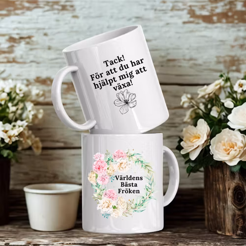 Världens bästa lärare / fröken – mugg med ram med nejlikor och dedikation