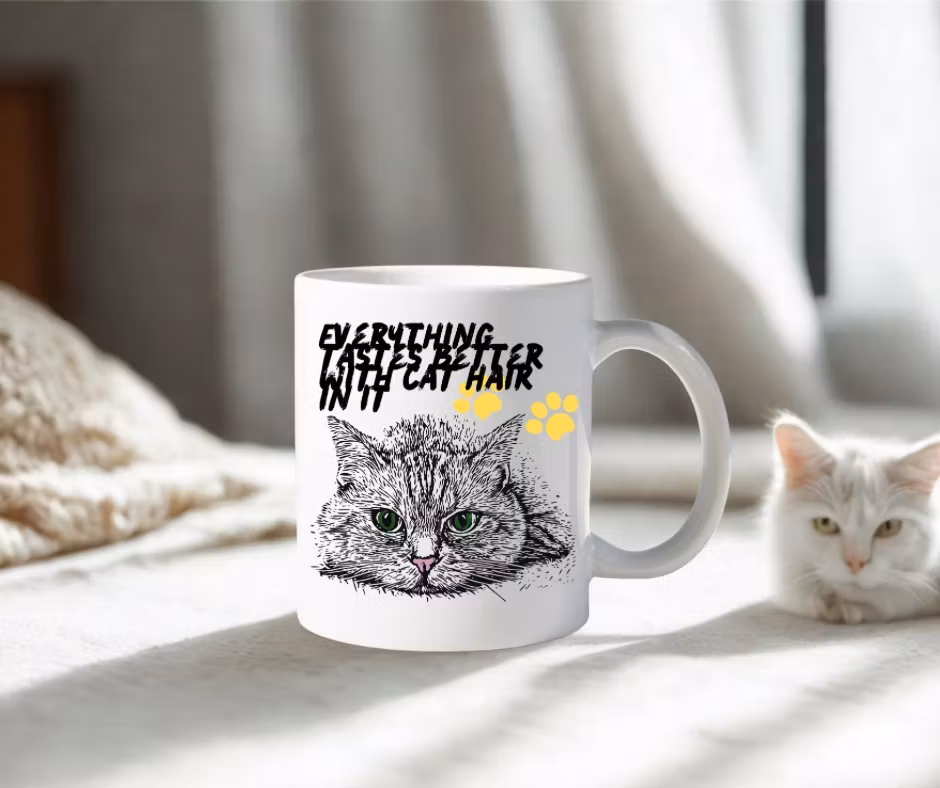 Personlig Mugg med text  Everything tastes better with cat hair in it
