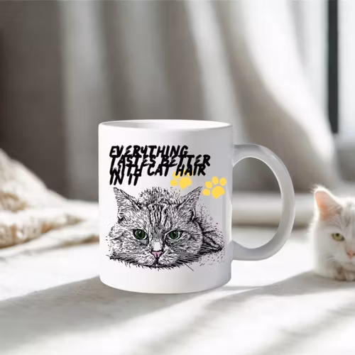 Personlig Mugg med text Everything tastes better with cat hair in it