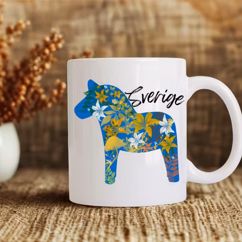 Dalahäst Mugg – Blommor & Sverige/Sweden (med namn)