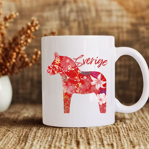 Röd Dalahäst Mugg – Blommor & Sverige/Sweden (med namn)