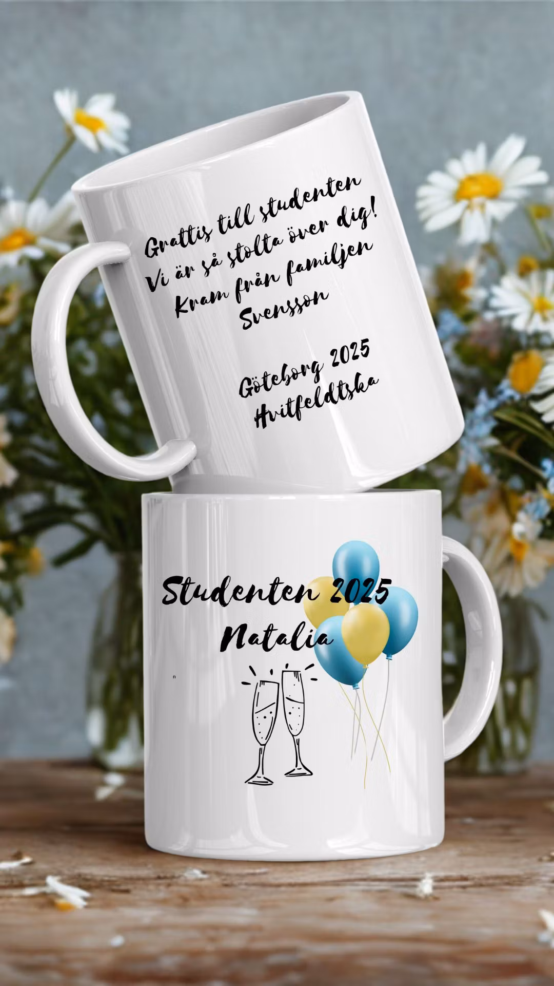 Studentmugg – Ballonger & Champagneglas – personlig med namn, datum och stad