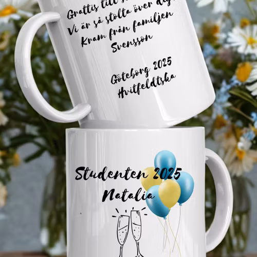 Studentmugg – Ballonger & Champagneglas – personlig med namn, datum och stad