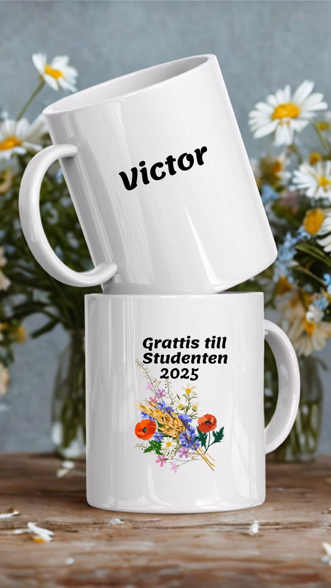 Studentmugg  med  sommarblommor & namn