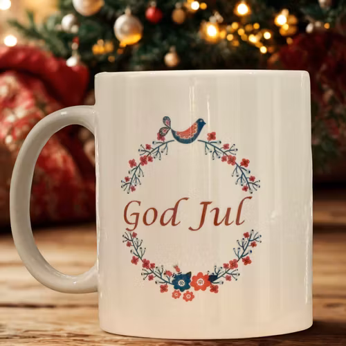 Julmugg-God Jul med folkblommor och fågel