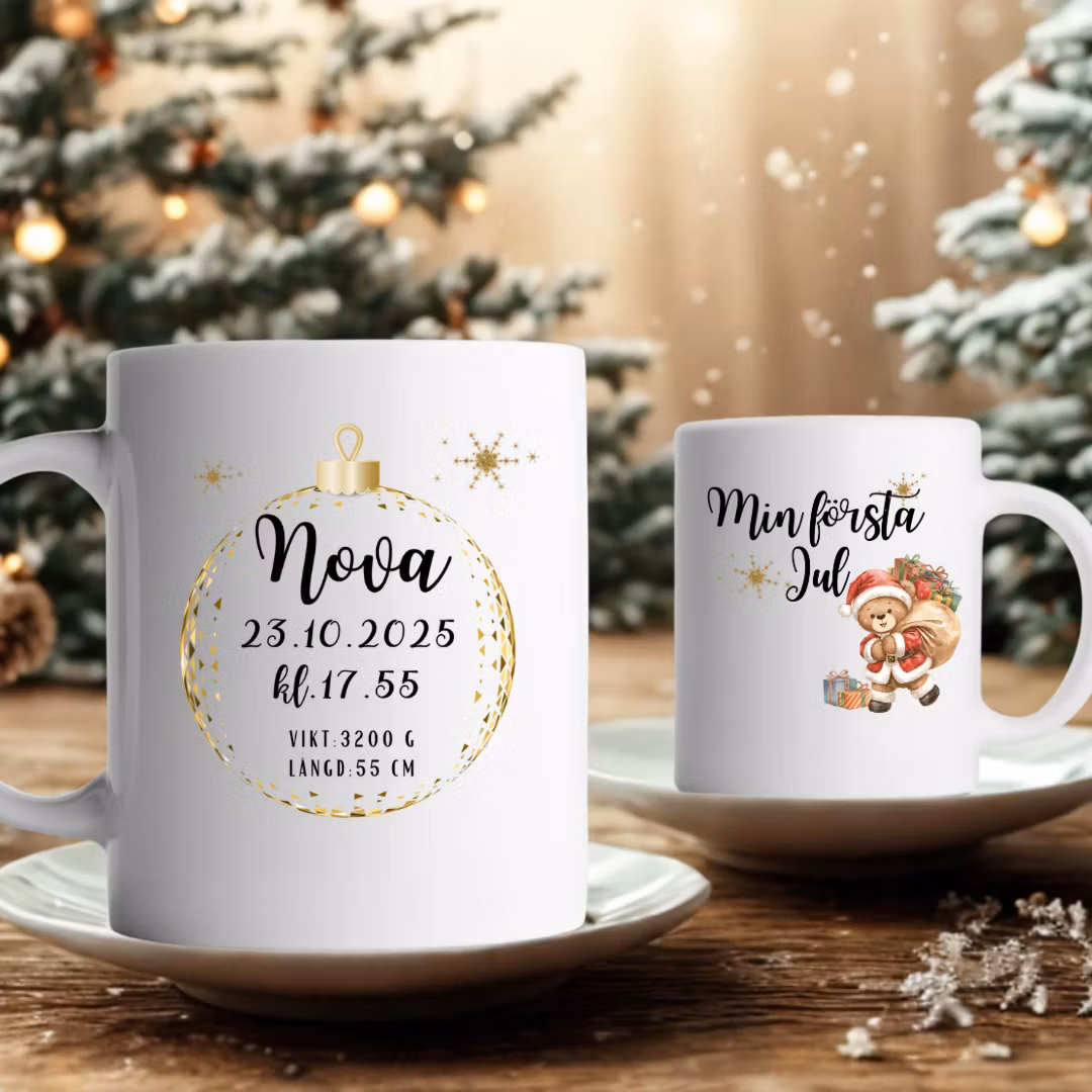 Julmugg – “Min första jul”  med personlig födelsedata på baksidan